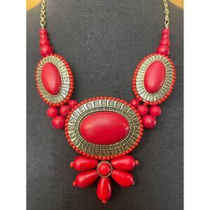 Women's Red Gold Statement Necklace GUC Adjustable Length